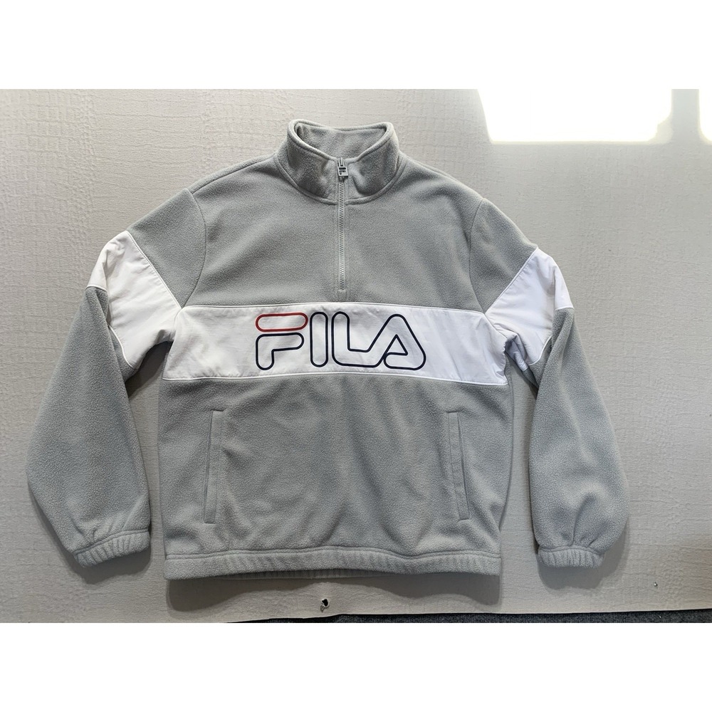 FILA Gray White Colorblock Big Logo 1/4 Zip Fleece Pullover Sweater Size M Y2K